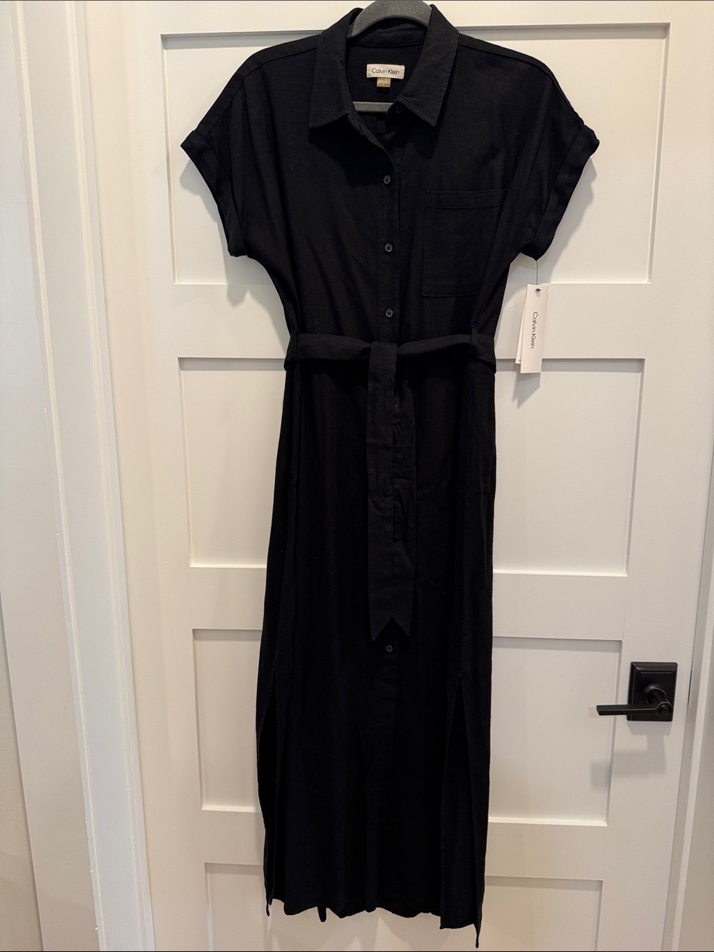 Calvin Klein Black Maxi Shirt Dress with Waist Tie
